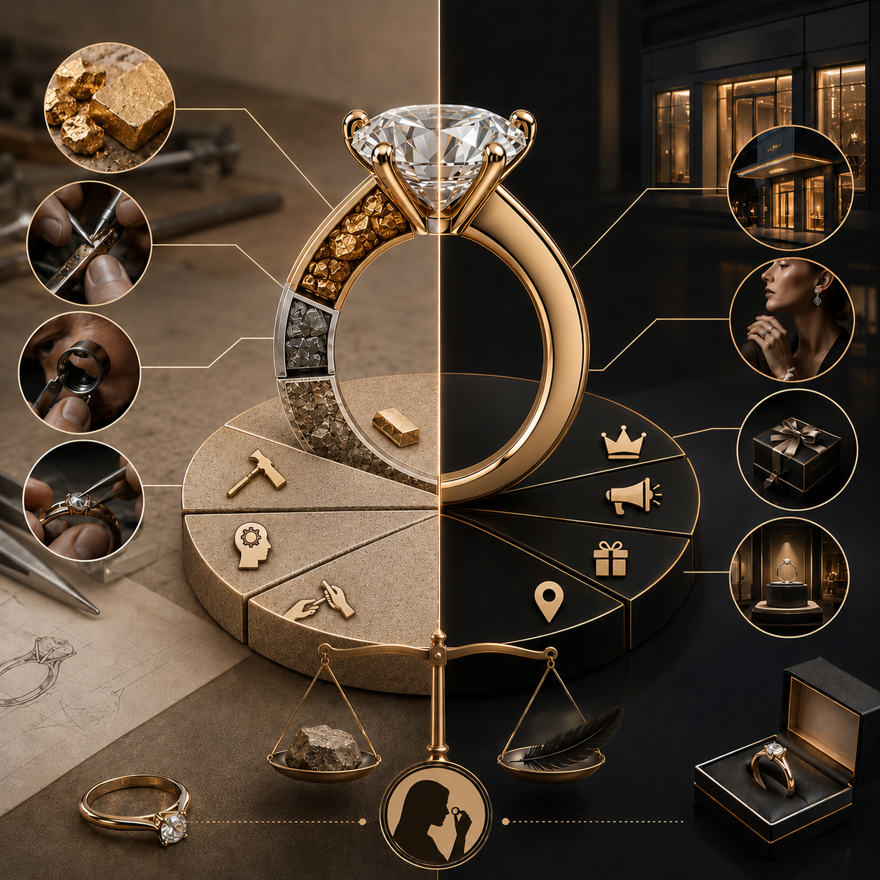 Minimal luxury jewelry presentation με έμφαση σε υλικά και craftsmanship.