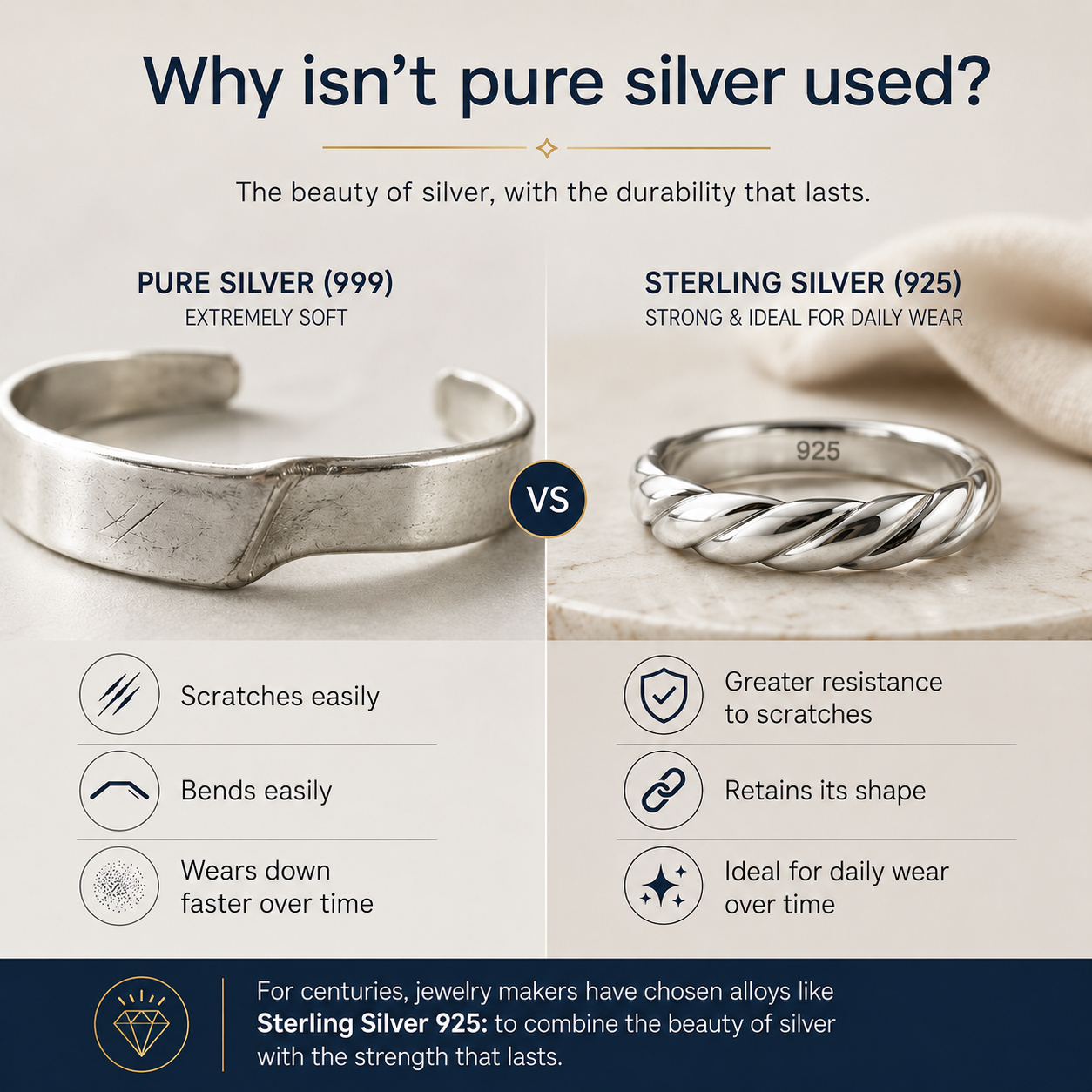 Σύγκριση καθαρού ασημιού και Sterling Silver 925 ως προς την αντοχή.