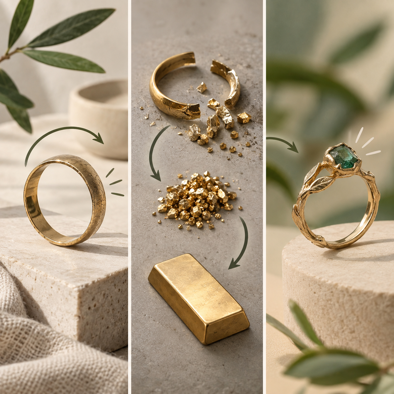 Οπτική σύγκριση των εννοιών reuse, recycling και jewelry upcycling σε ένα κόσμημα.